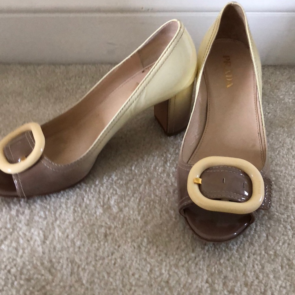 Prada open toe patent leather shoe